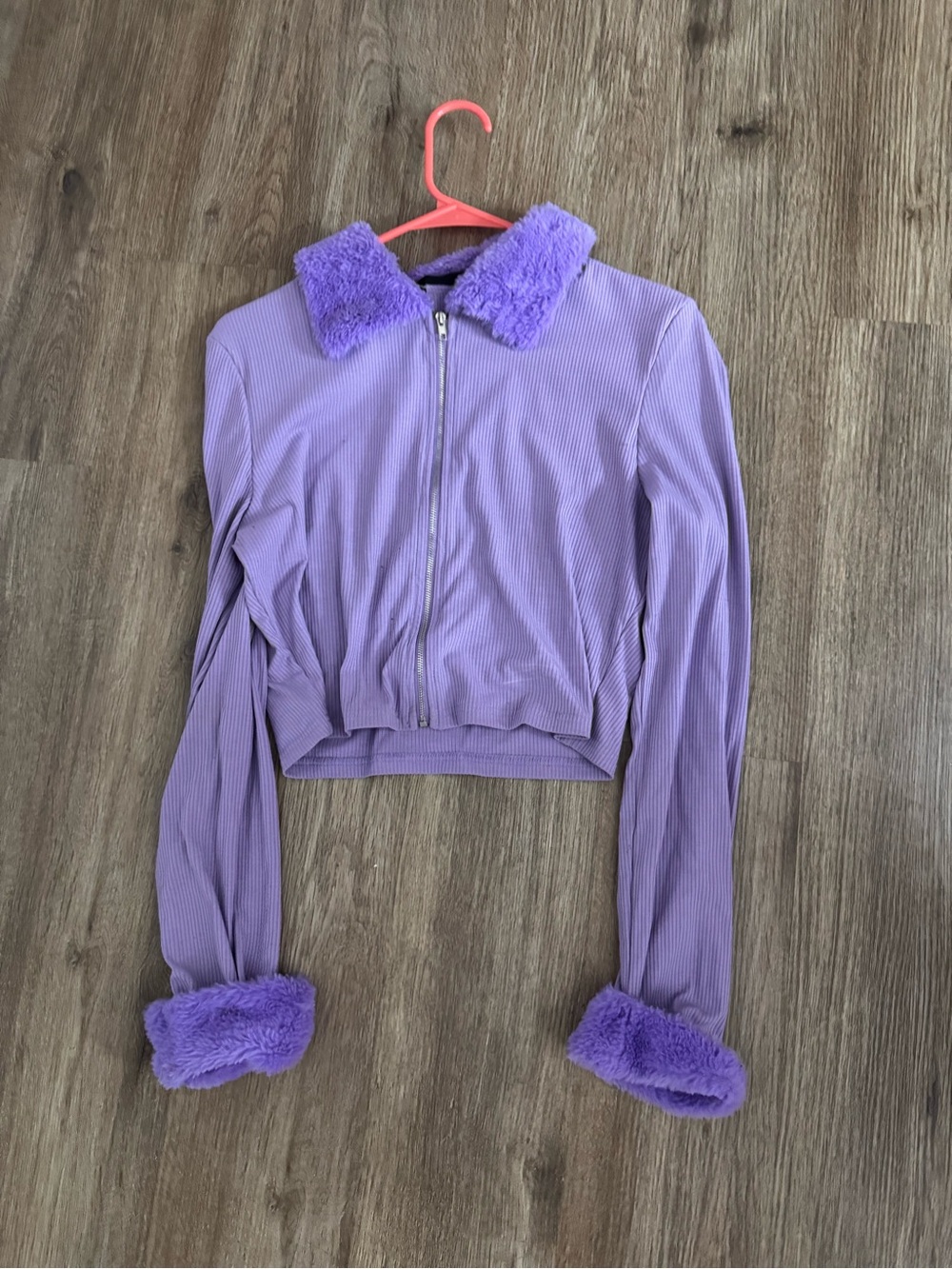 SHEIN Lavender Ribbed Zip Jacket with Faux-Fur Trim